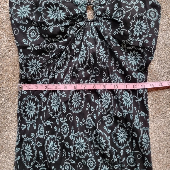 Luciano Dante 100% Silk Halter Keyhole Dress Black Aqua Floral Lined Dress 6 - Picture 8 of 8